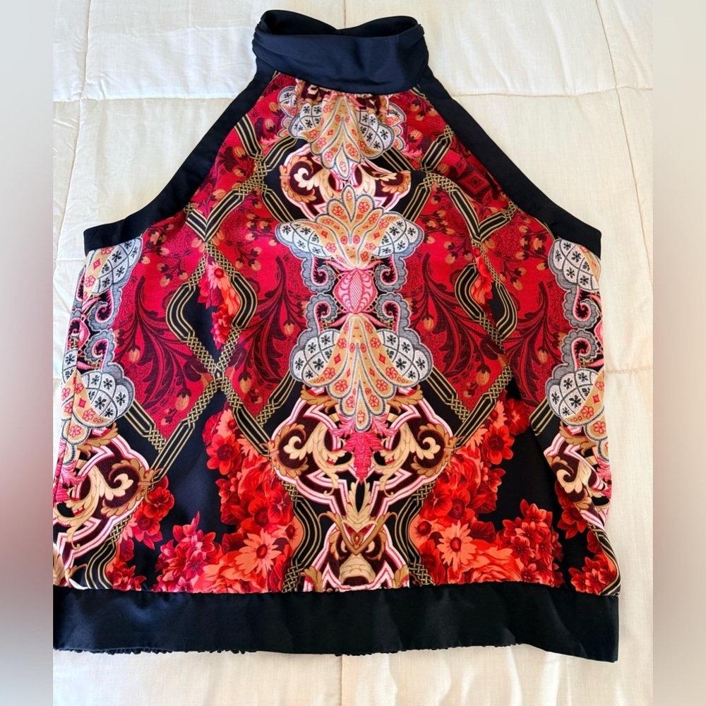 Jones New York chic sleeveless halter mock neck red black gold dressy top Lg EUC - Picture 9 of 12
